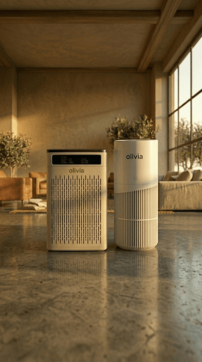 Olivia air purifiers in a warm living room