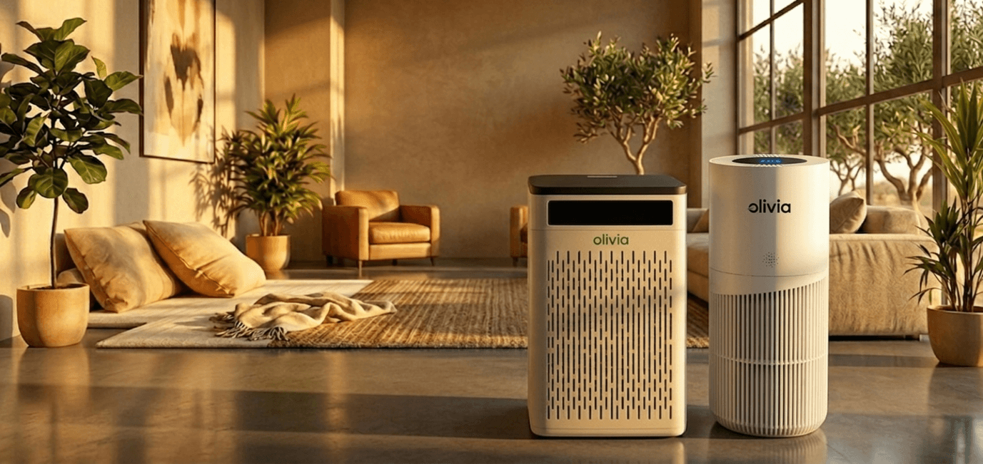 Olivia air purifiers in a warm living room